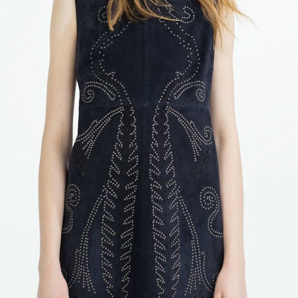ZARA Suede Mini Dress Studs Navy - Picture 3 of 5